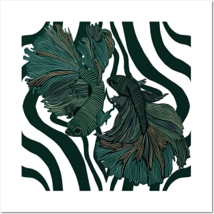 Two Betta Fish On Green Swirly Pattern Posters and Art